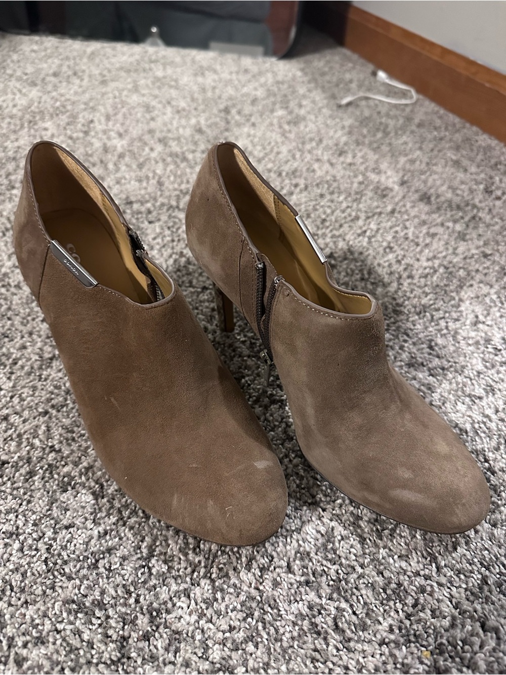 Coach Brown Suede Ankle Booties with Side Zip Detail and Snakeskin Heels 6.5
